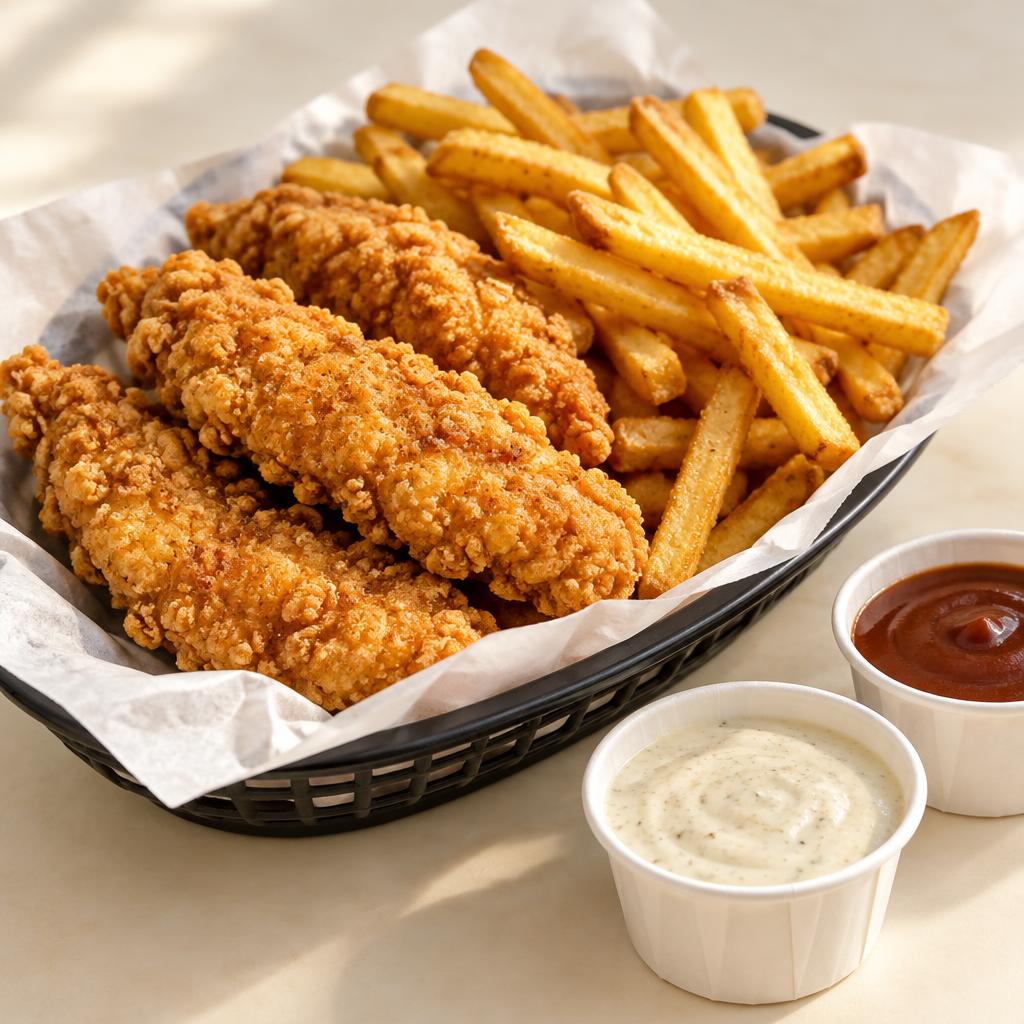 A basket of chicken tenders with fries and two cups of dip