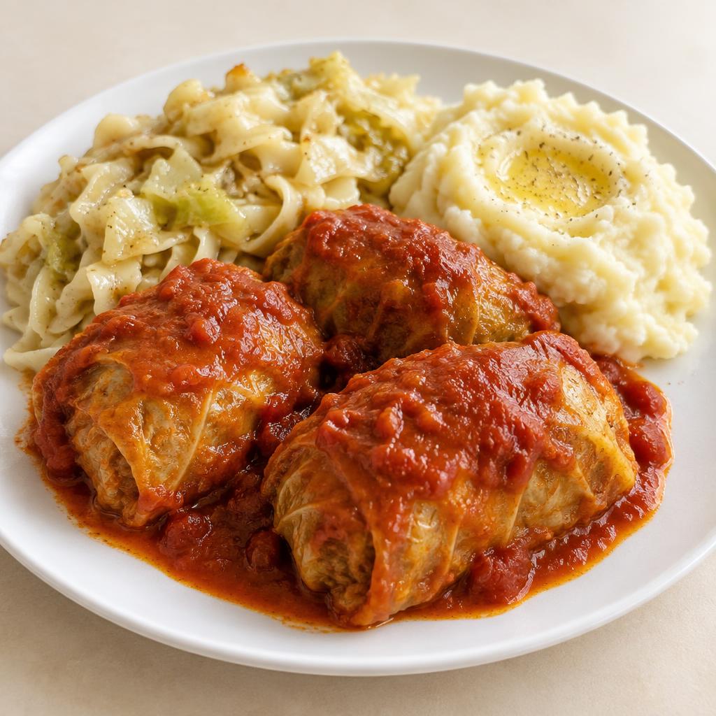 Three stuffed cabbage rolls in tomato sauce with haluski and mashed potatoes